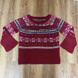 Moda Bohemian Knit Sweater Mohair‎ Wool Blend Sequins Ribbon Embroidered Red XL